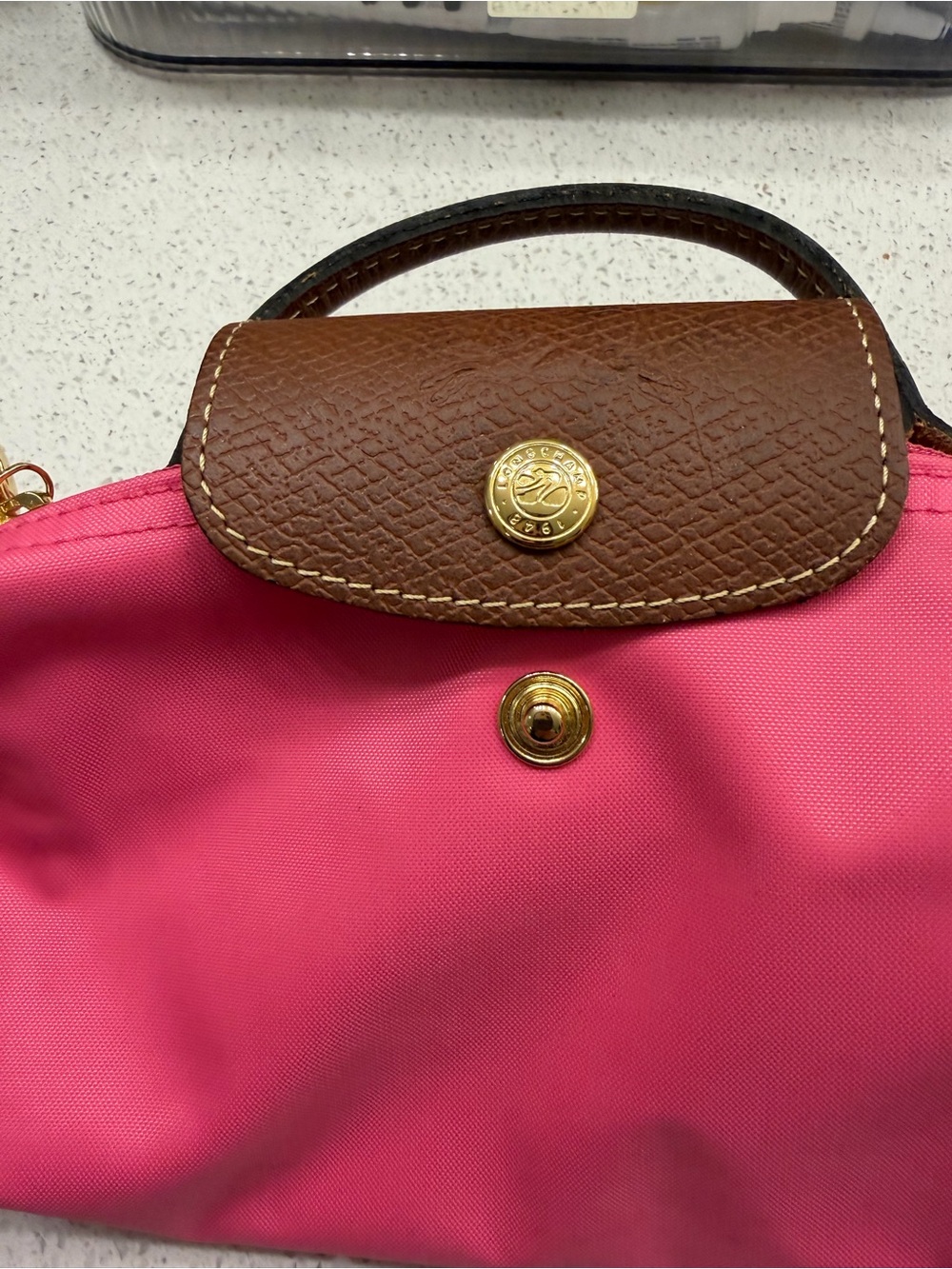 Longchamp Pink Nylon Cosmetic Pouch with Brown Leather Flap